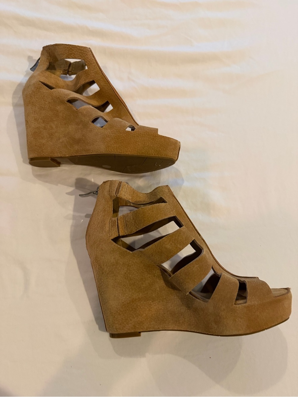 Never worn. BCBG generation Women's Suede Cutout Wedge Sandals - Tan. Size 7.5